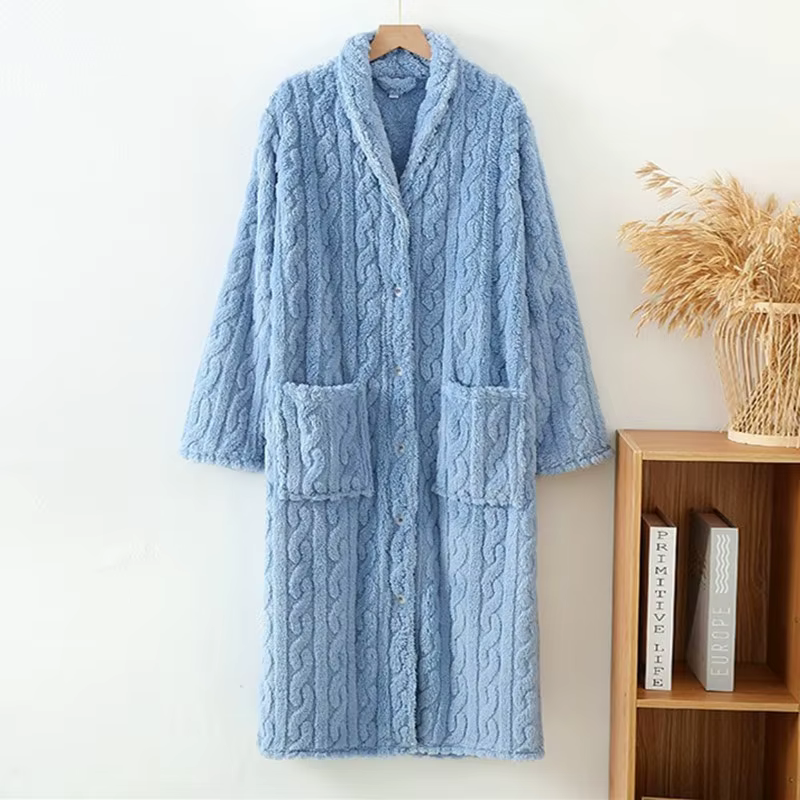 Automne hiver épais velours femmes peignoir bouton longue chemise de nuit vêtements de maison décontracté