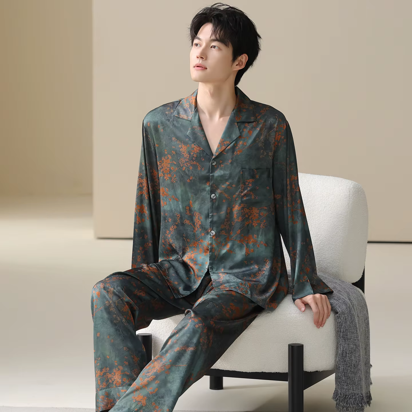 Hommes Pyjamas ensemble glace soie Satin automne à manches longues mode impression