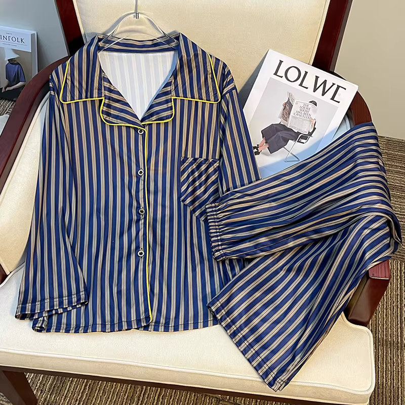 Pyjamas rayés coréens pour le printemps et nouveau style haut de gamme pour les vêtements de maison des filles et les ensembles étudiants pouvant être portés à l'extérieur