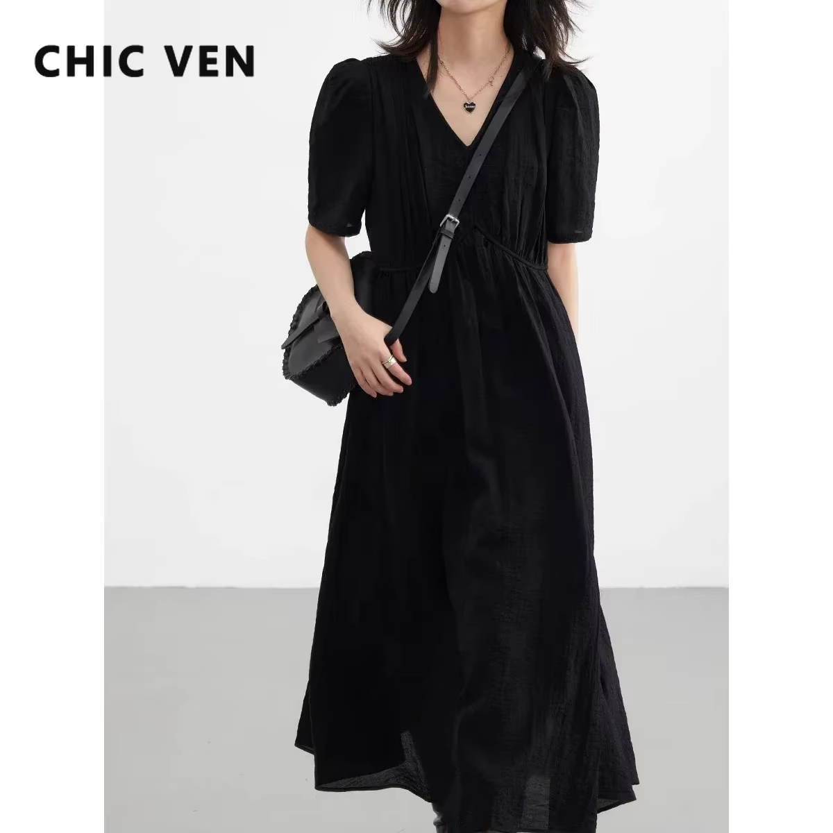 CHIC VEN-Robe longue à manches bouffantes et col en V pour femme