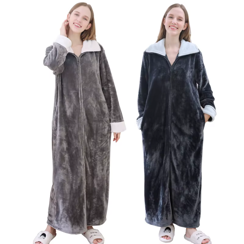 Automne hiver flanelle vestes à glissière pour femmes Couples robe de nuit mode chaud grands revers Kimono allonger