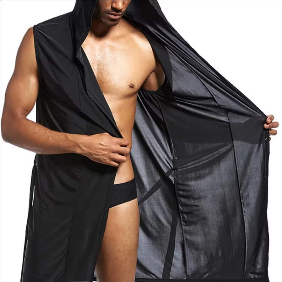 Hommes peignoir à capuche maille soie voir à travers sans manches serviette longue Robe de bain sweats