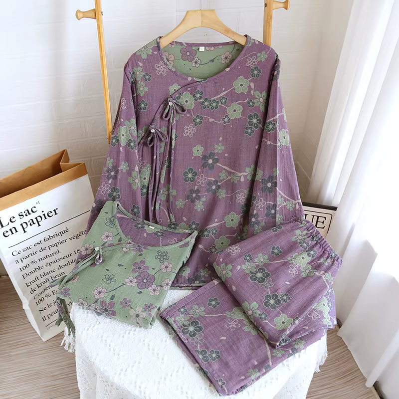 100% Cotton Night Wears For Women Nightie Print Sleepwear Pajamas Set Spring Autumn Long Sleeve Women's Pyjamas Suit Female
