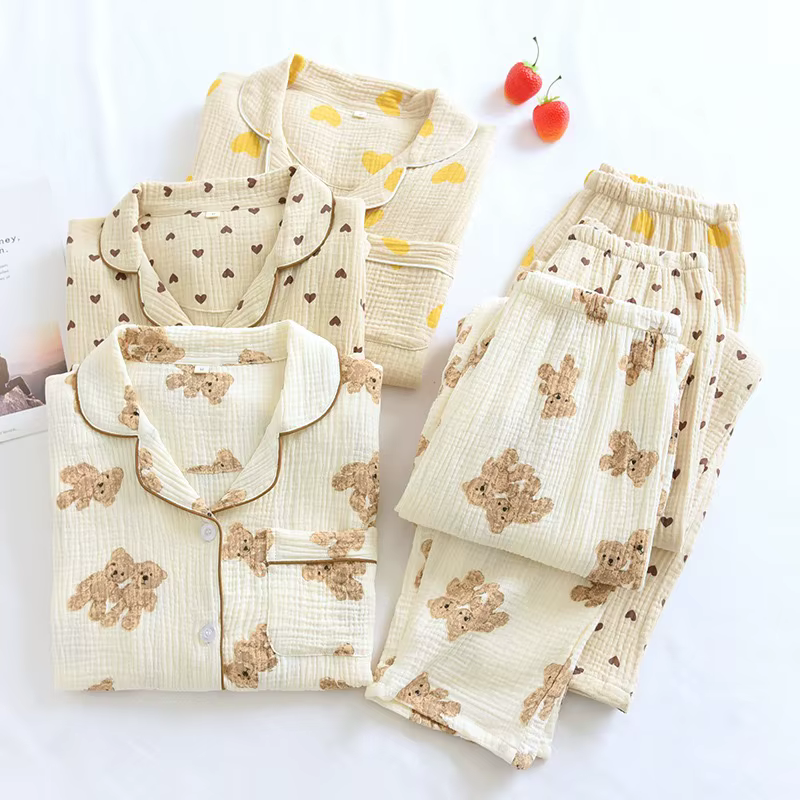 Femmes Pyjamas 2 pièces ensemble 100% coton gaze à manches longues pantalon mignon ours imprimé