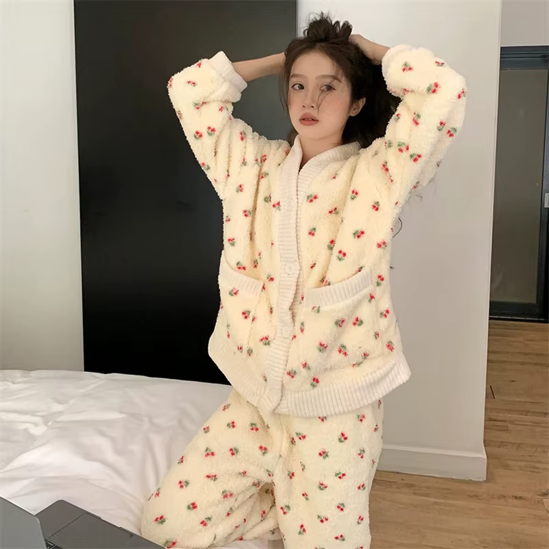 Pyjamas pour femmes chaud doux hiver flanelle maison vêtements femme mignon