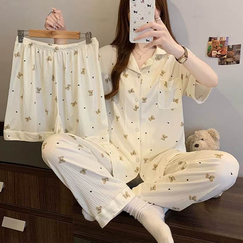 Pyjama coréen style ours en peluche à volants en forme de cœur pour femme