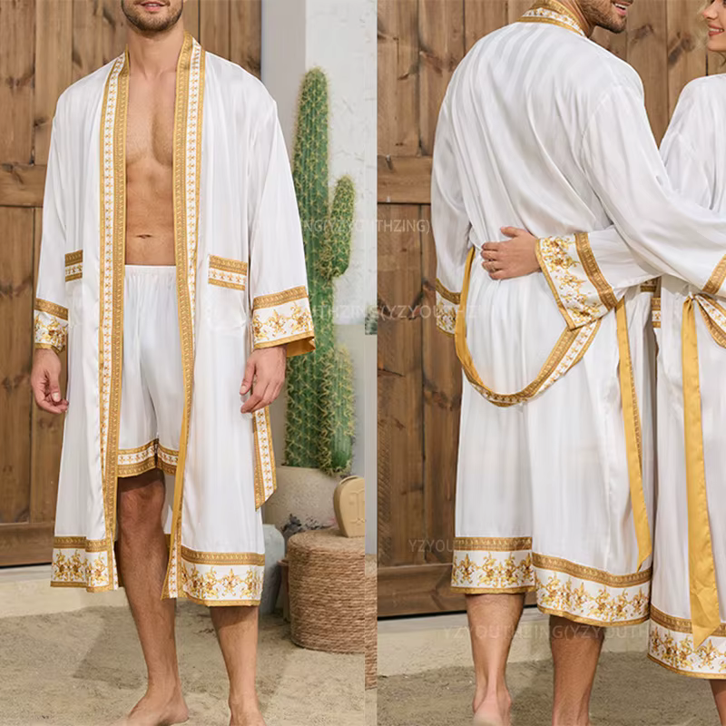 Hommes Robe vêtements De nuit Style Baroque imprimé Kimono Satin Peignoire De Douche Homme Couple peignoir