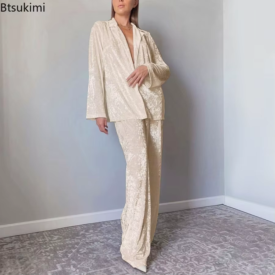 Nouveau velours Beige 2 pièces ensembles de vêtements de maison hiver hauts à manches longues et pantalons taille haute