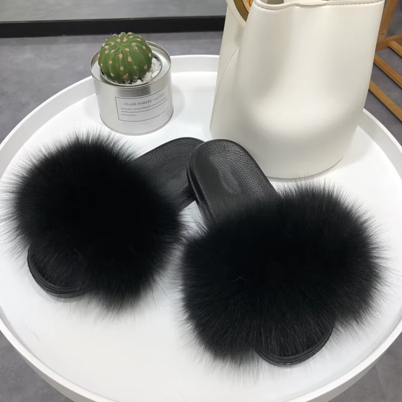Pantoufles en fourrure de renard véritable pour femmes
