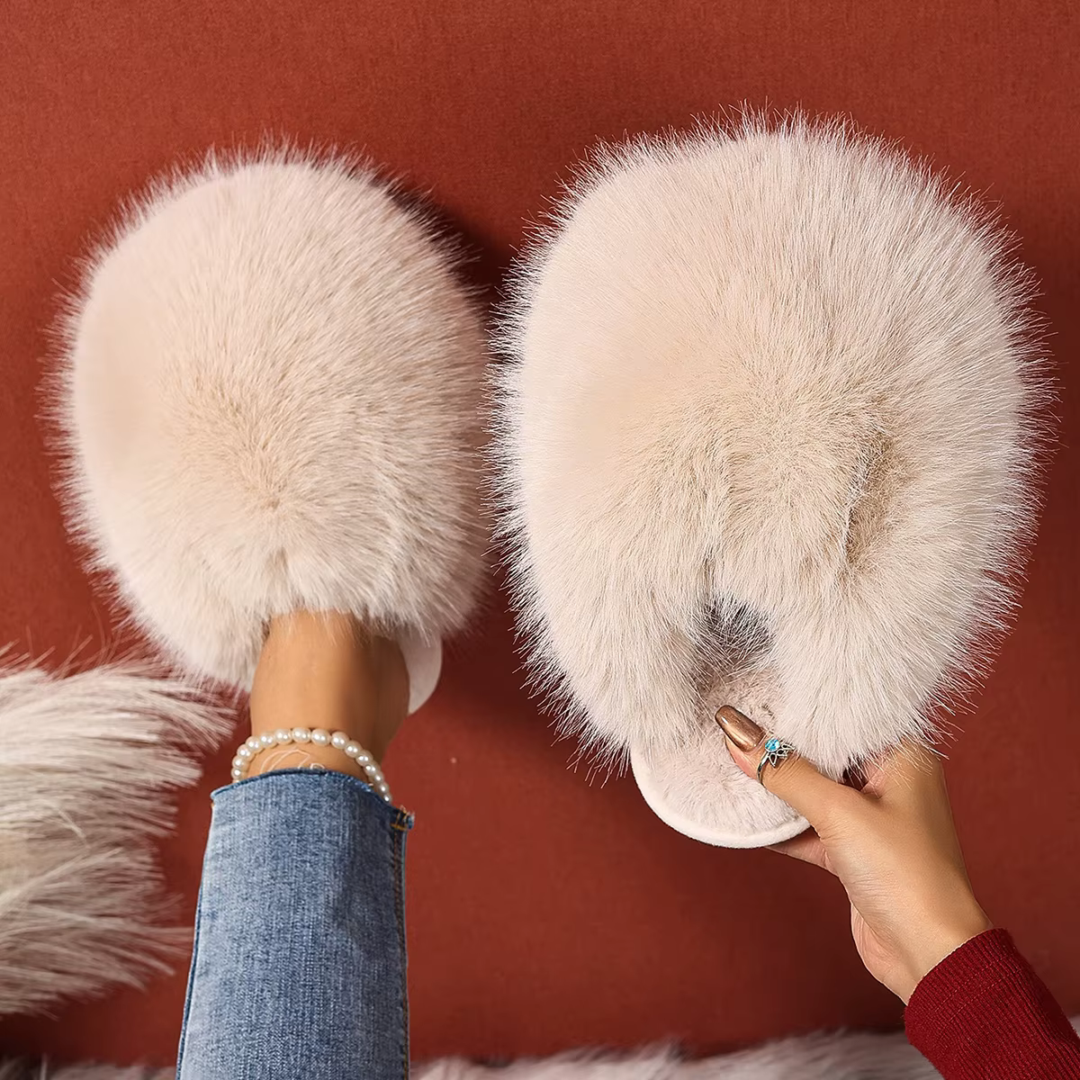 Femmes pantoufles d'intérieur hiver fausse fourrure maison chaussures