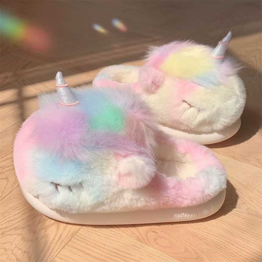 Mignon licorne hiver nouvelles femmes pantoufle talon souple plate-forme fourrure chaud intérieur confortable maison