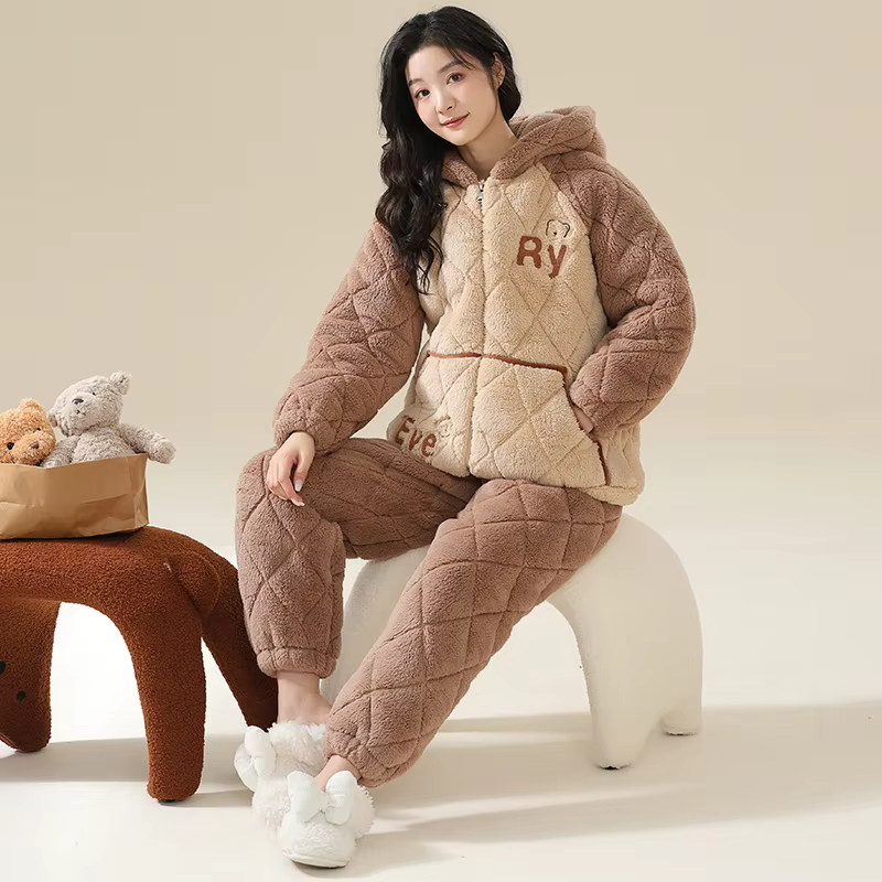 Hiver femmes pyjamas à capuche ensemble 3 couches pince coton Pijama femme épais chaud vêtements de nuit