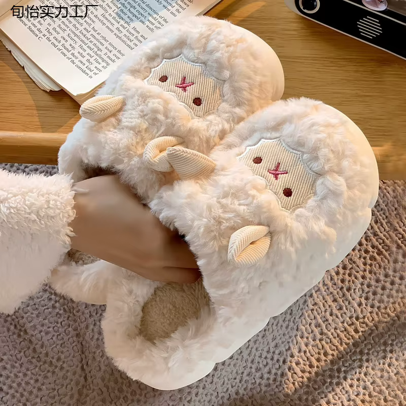 Maison floue pantoufle femmes mouton moelleux hiver chaud fourrure en peluche intérieur paresseux femme thermique
