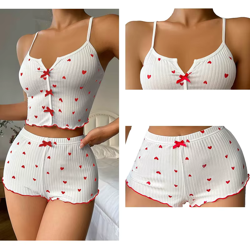 Ensemble de pyjama pour femme en tissu côtelé doux à imprimé cœurs