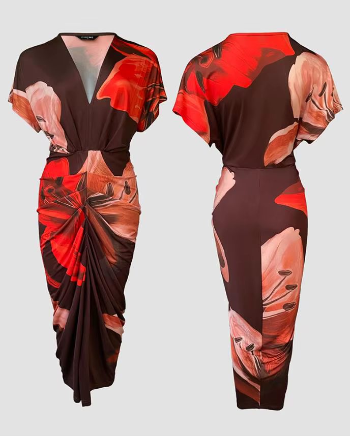 Robes pour femmes 2025 printemps été mode Placement florale imprimé col en v profond fente avant robe froncée coupe