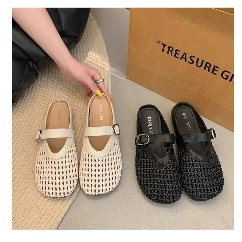 Baotou demi pantoufles 2025 été nouvelles chaussures maille respirant et confortable fond plat tissage évider Boken