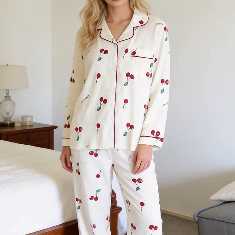 Pyjama imprimé cerise, haut à manches longues et pantalon