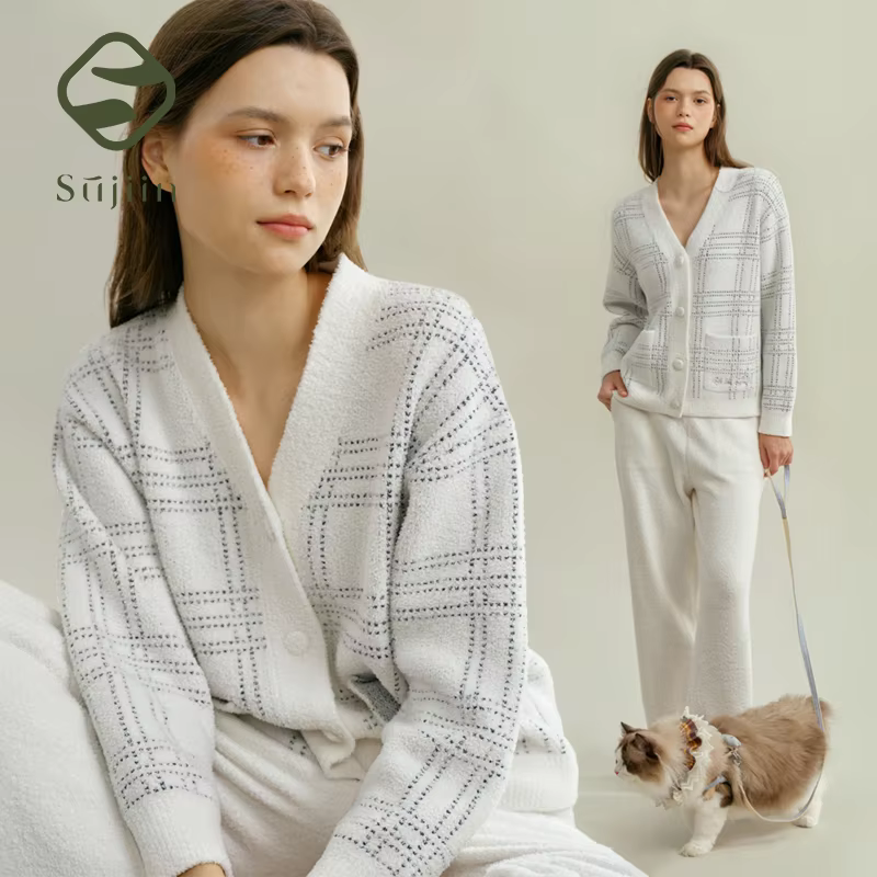 SUJIIN femmes 2 pièces tenues pyjamas ensemble automne hiver décontracté vêtements de nuit femme rayé Cardigan hauts