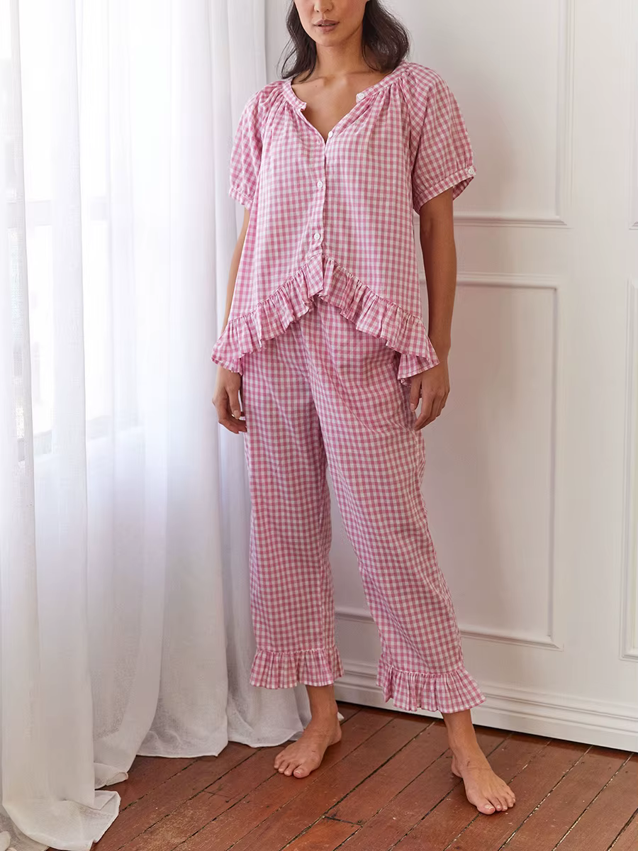 Pyjama à carreaux à manches bouffantes sur le devant pour femmes