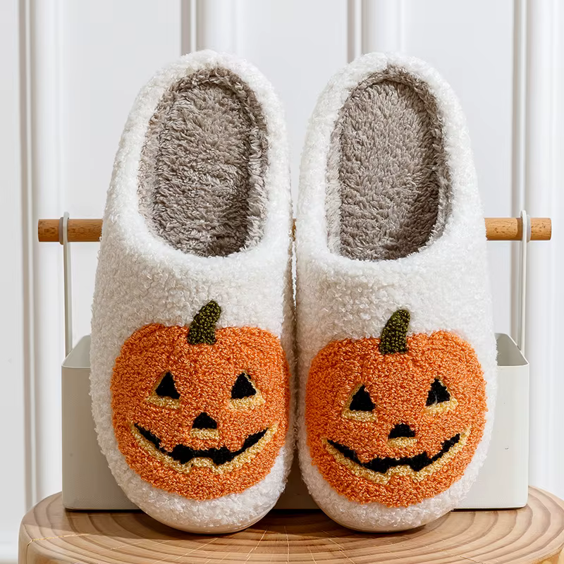 Sourire citrouille Halloween chaussons pour femmes hiver intérieur dessin animé confort maison chambre doux casual plat en peluche chaussures pour cadeau