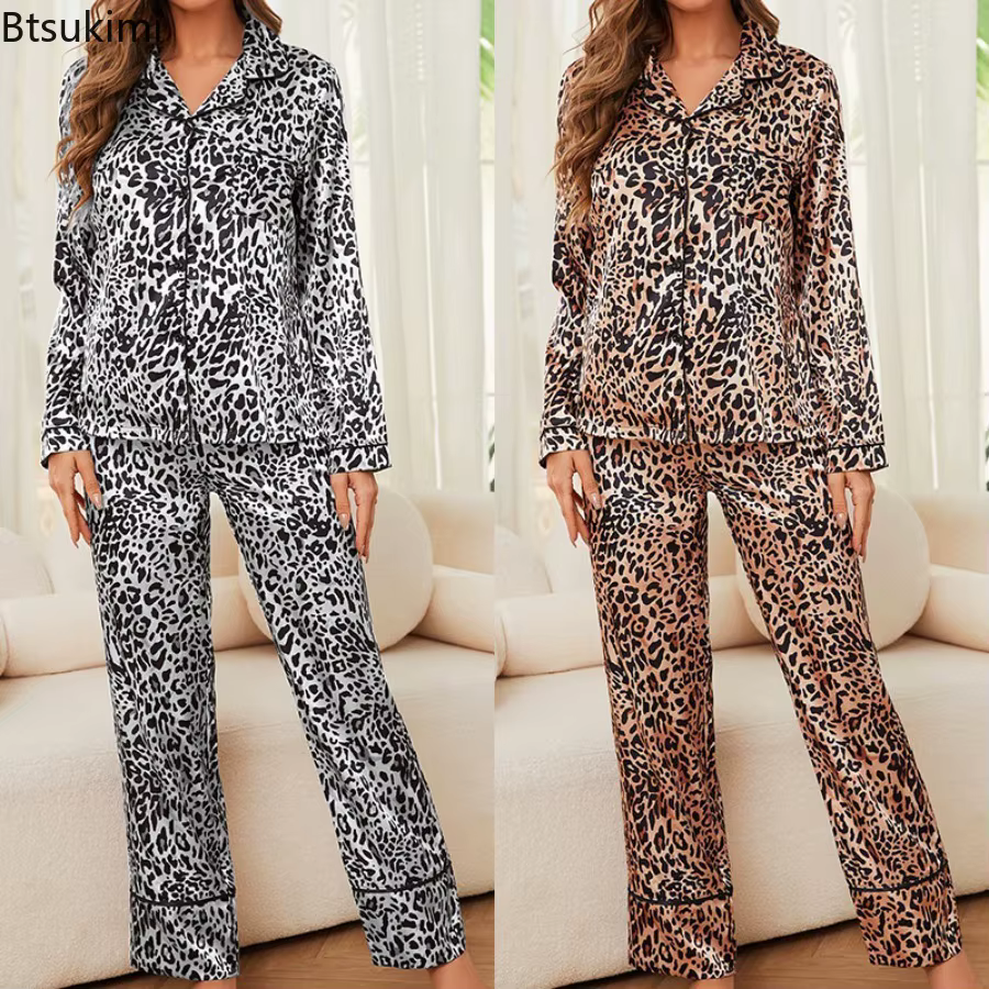 Pyjama en soie glacée imprimé léopard pour femme