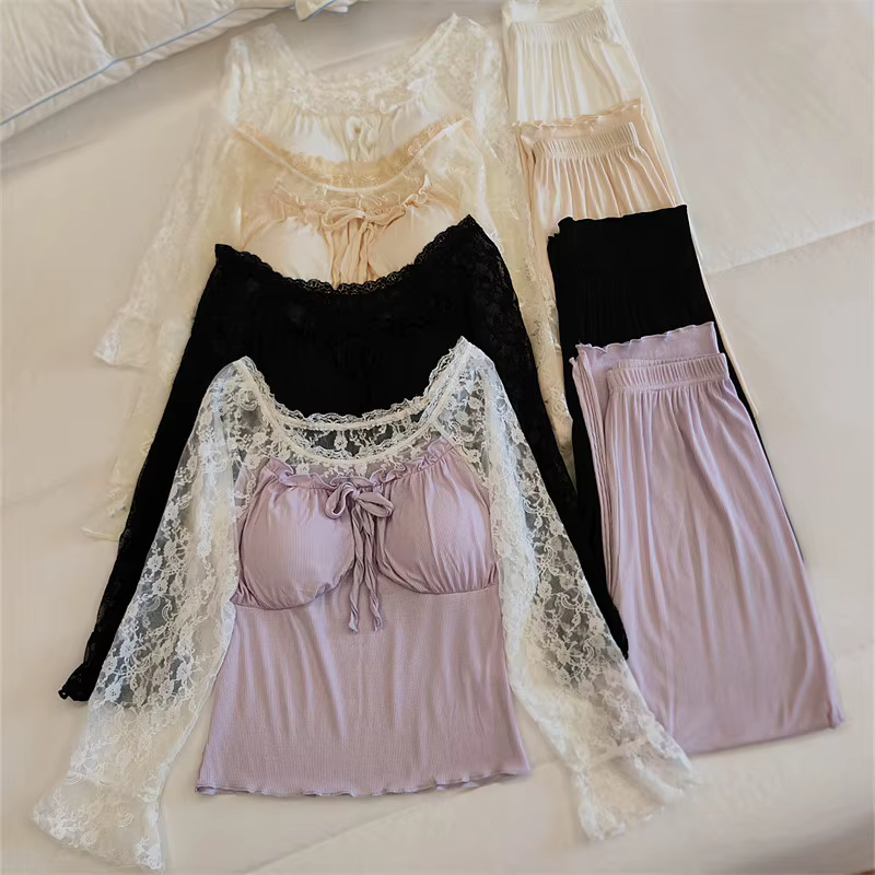 Pijamas Mujer mode dentelle Modal vêtements de nuit femmes coussin de poitrine à manches longues pantalon Pyjamas