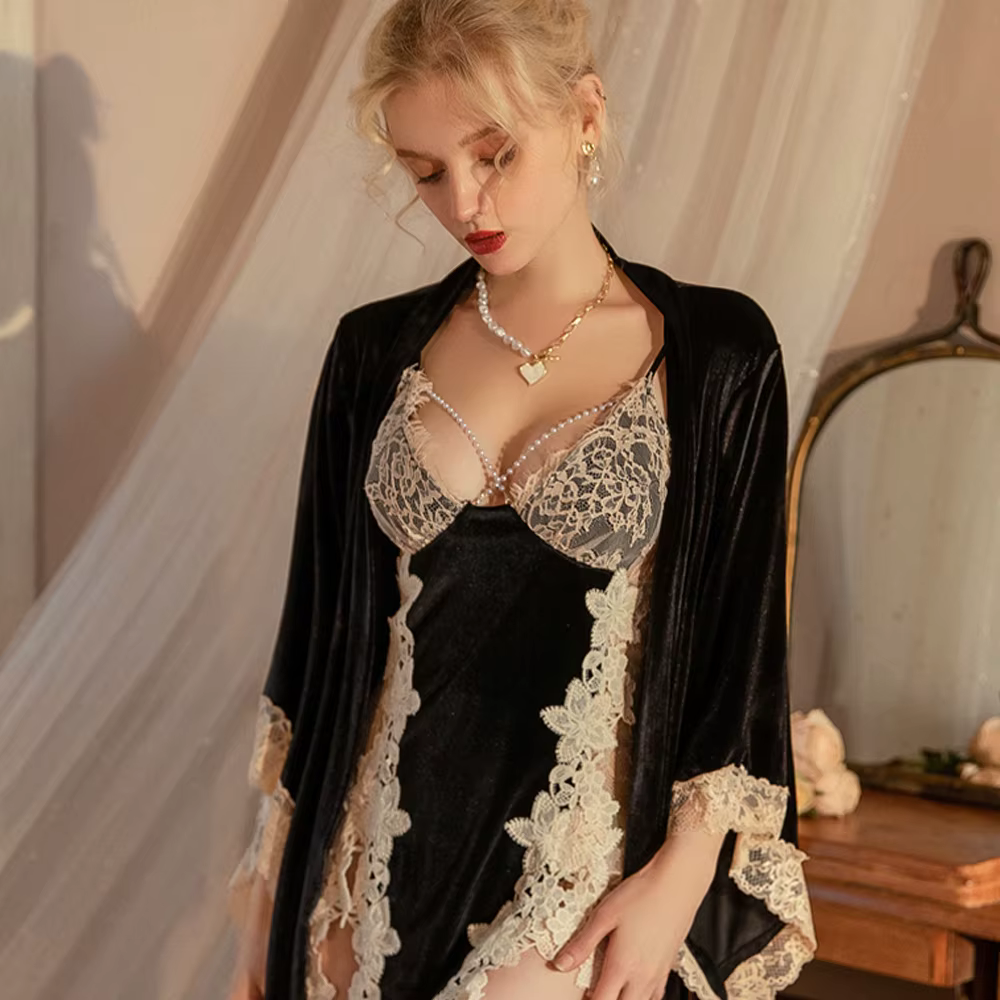 Ensemble de vêtements de nuit en velours noir pour femmes