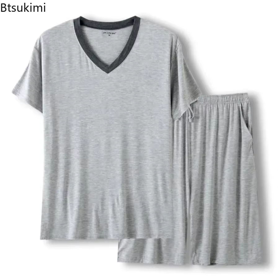 Ensembles de pyjama décontractés d'été pour hommes 2026 – Tenues de nuit douces en modal avec t-shirt à manches courtes et pantalon court – Grandes tailles – Vêtements d'intérieur