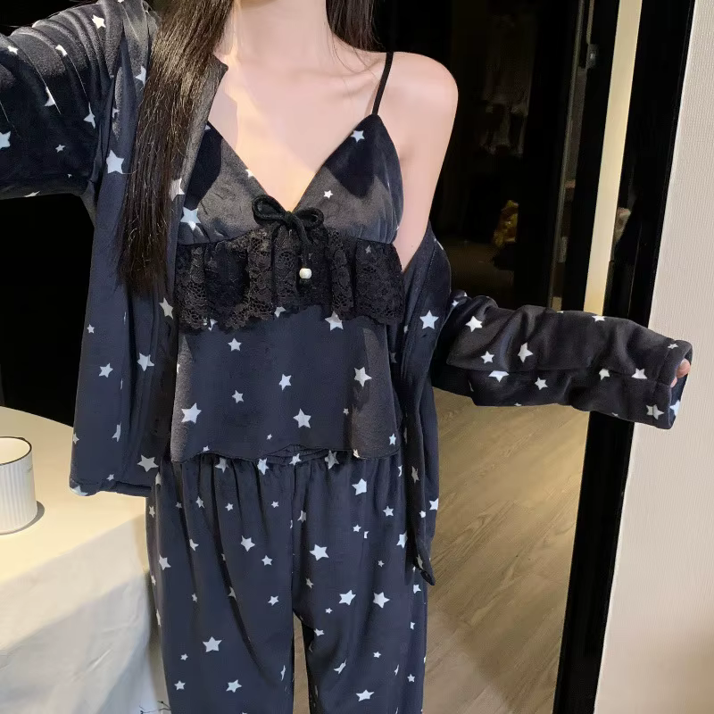 Nouveau velours 3 pièces Pyjamas ensemble maison vêtements doux noir déshabillé en dentelle à manches longues pantalon