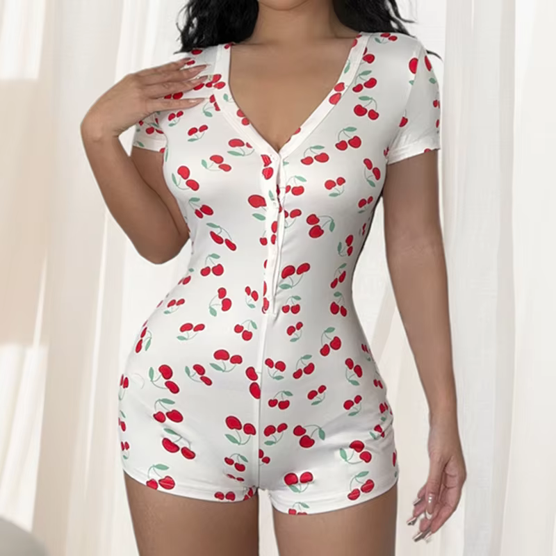 Pyjama femme Onesies bouton avant imprimé cerise col en v manches courtes barboteuse combinaison chemise de nuit