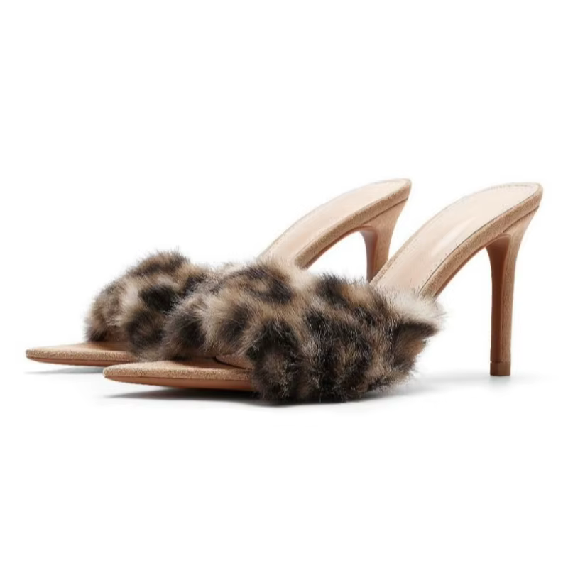 Sexy imprimé léopard moelleux en peluche pantoufles à talons femmes bout pointu dos nu élégant glisser sandales dames