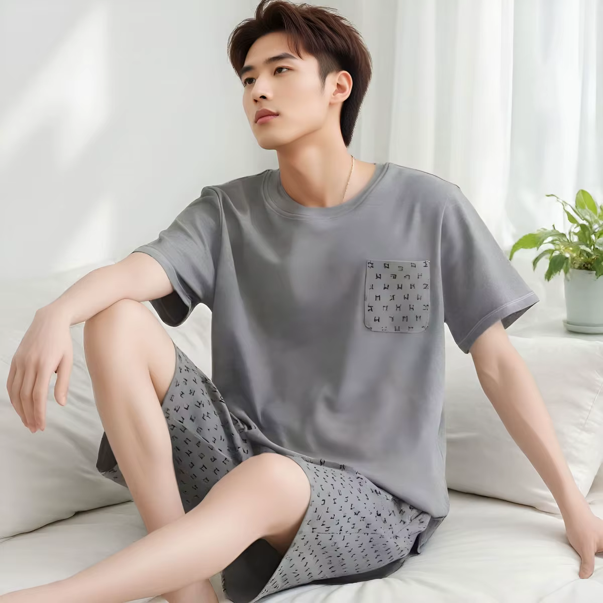 Ensemble de pyjama à manches courtes pour homme avec motif rayé de dessins animés - Vêtements de maison simples et décontractés pour garçons