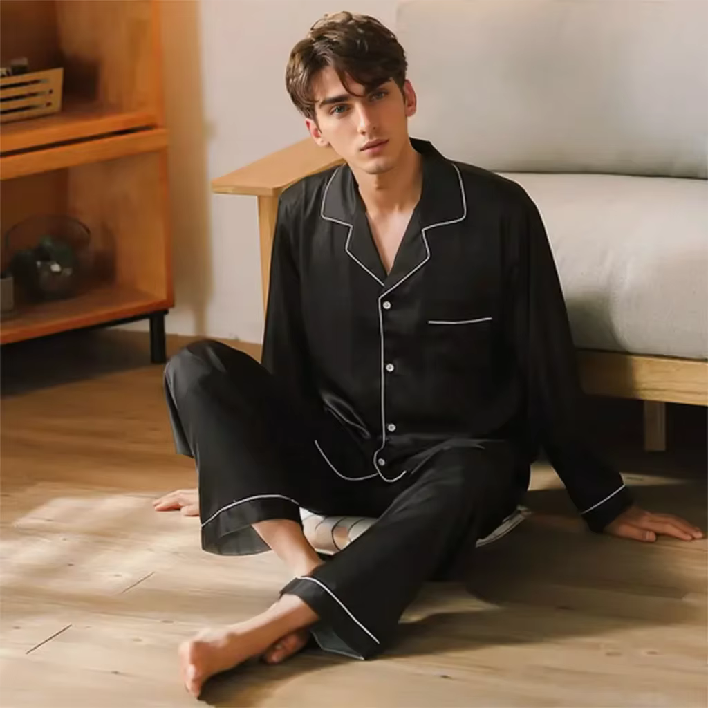Hommes pyjamas ensemble hiver vêtements de nuit pour homme chemise à manches longues pyjama mâle soie Satin dormir