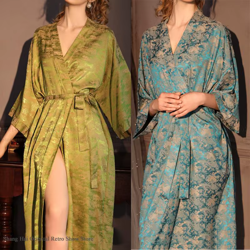 Luxe Jacquard longue Robe chemise de nuit femmes demi manches Kimono peignoir