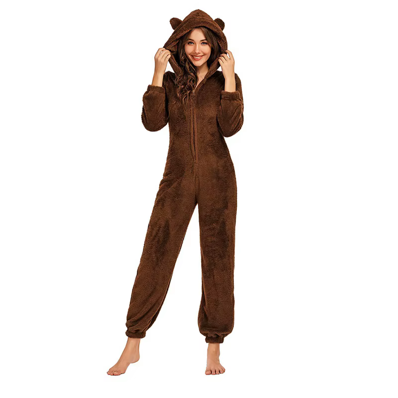 Femmes polaire Oneseies fermeture éclair à capuche Pyjamas barboteuses vêtements de nuit confortables