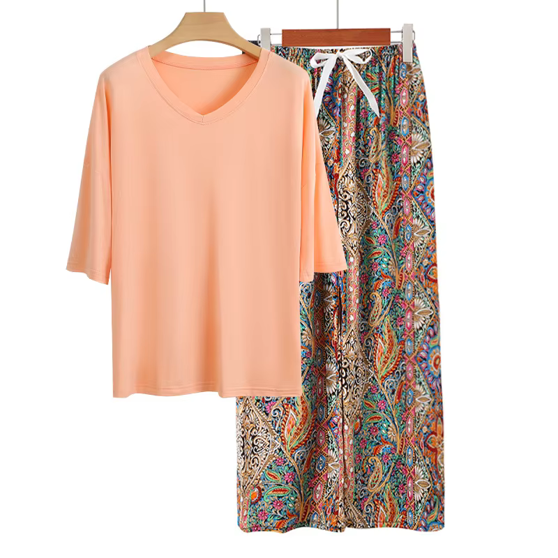 Ensemble de pyjama décontracté Printemps Été Hauts à manches courtes Pantalon long Costume élégant