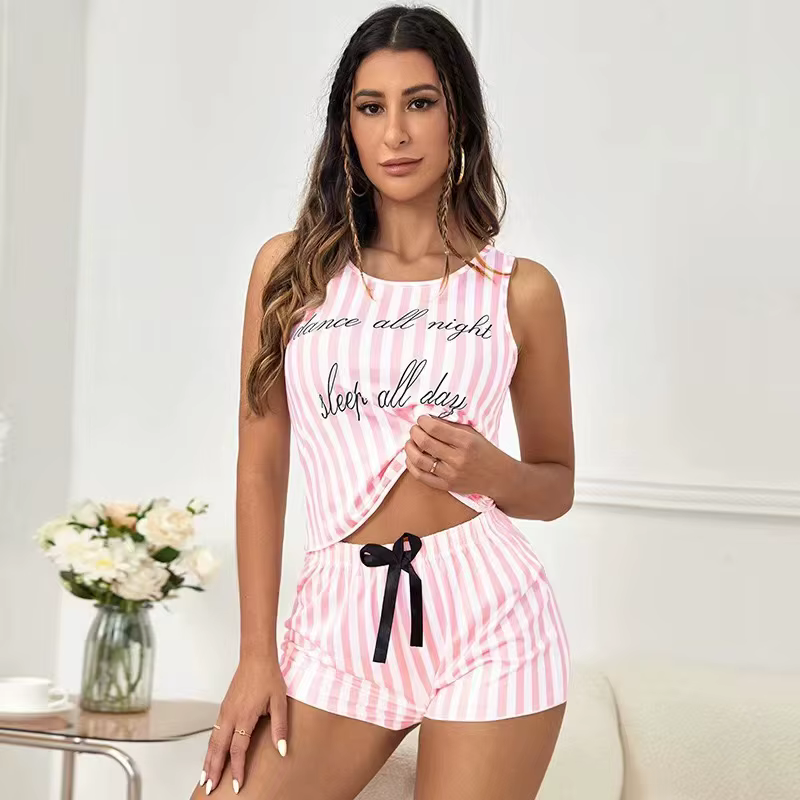 Pyjamas pour femmes été rayure pyjama imprimé Faux coton col rond