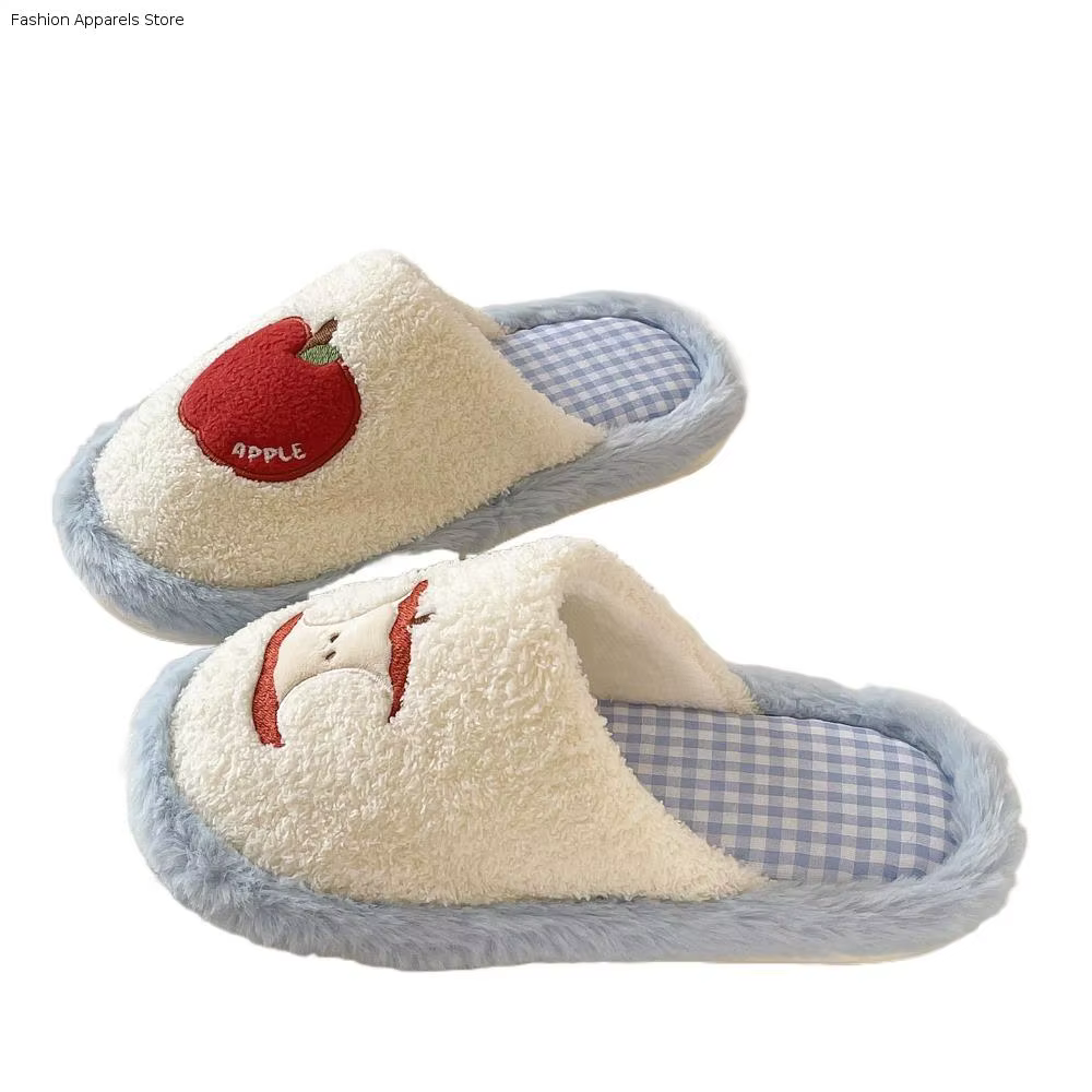 Doux grille rayure mignon en peluche pantoufles antidérapant semelle épaisse fruits