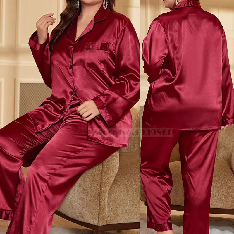 Grande taille femme Pyjamas ensemble printemps été soie Satin vêtements de nuit pantalon Pijamas costume ample