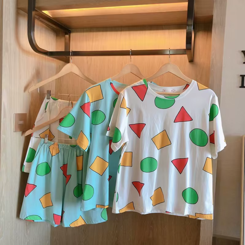 Pyjamas à manches courtes femmes été dessin animé mignon géométrique vêtements de nuit Homewear pull décontracté chemise