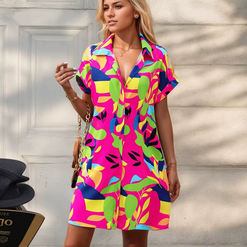 Mini robe bohème décontractée à simple boutonnage