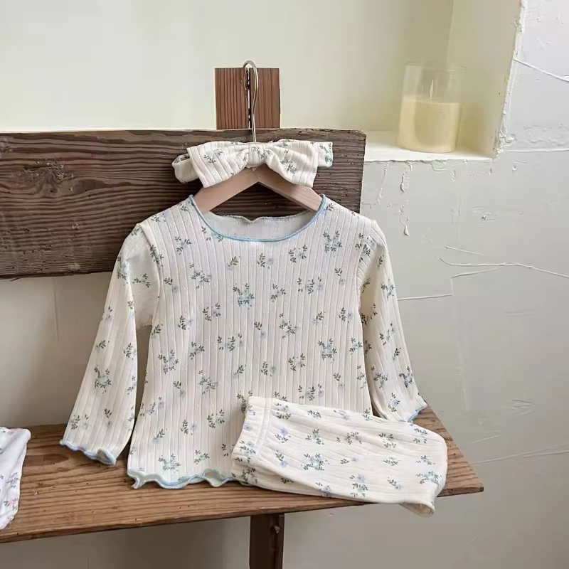 ‌ Nouveauté bébé filles imprimé fleuri coton pyjama ensemble à manches longues dentelle garniture deux pièces vêtements