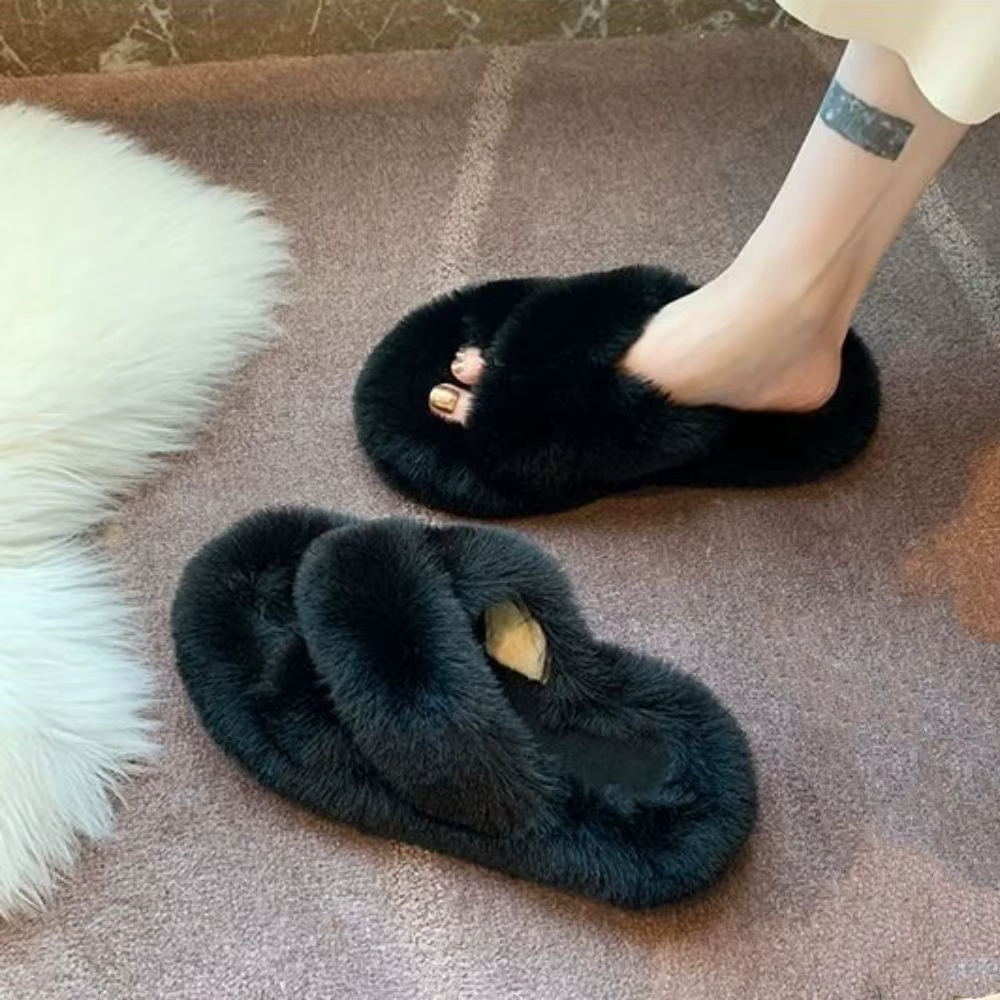 Belles diapositives Homewear pantoufles bout ouvert anti-dérapant plat en peluche