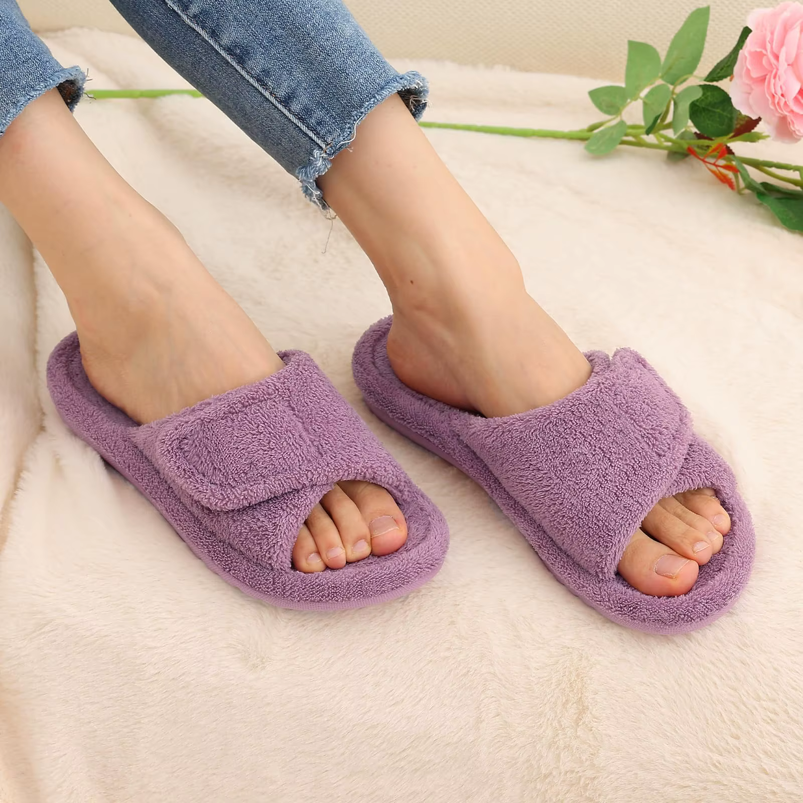 Litfun femmes flou maison pantoufles orthopédiques en peluche toboggan avec Support de voûte plantaire antidérapant