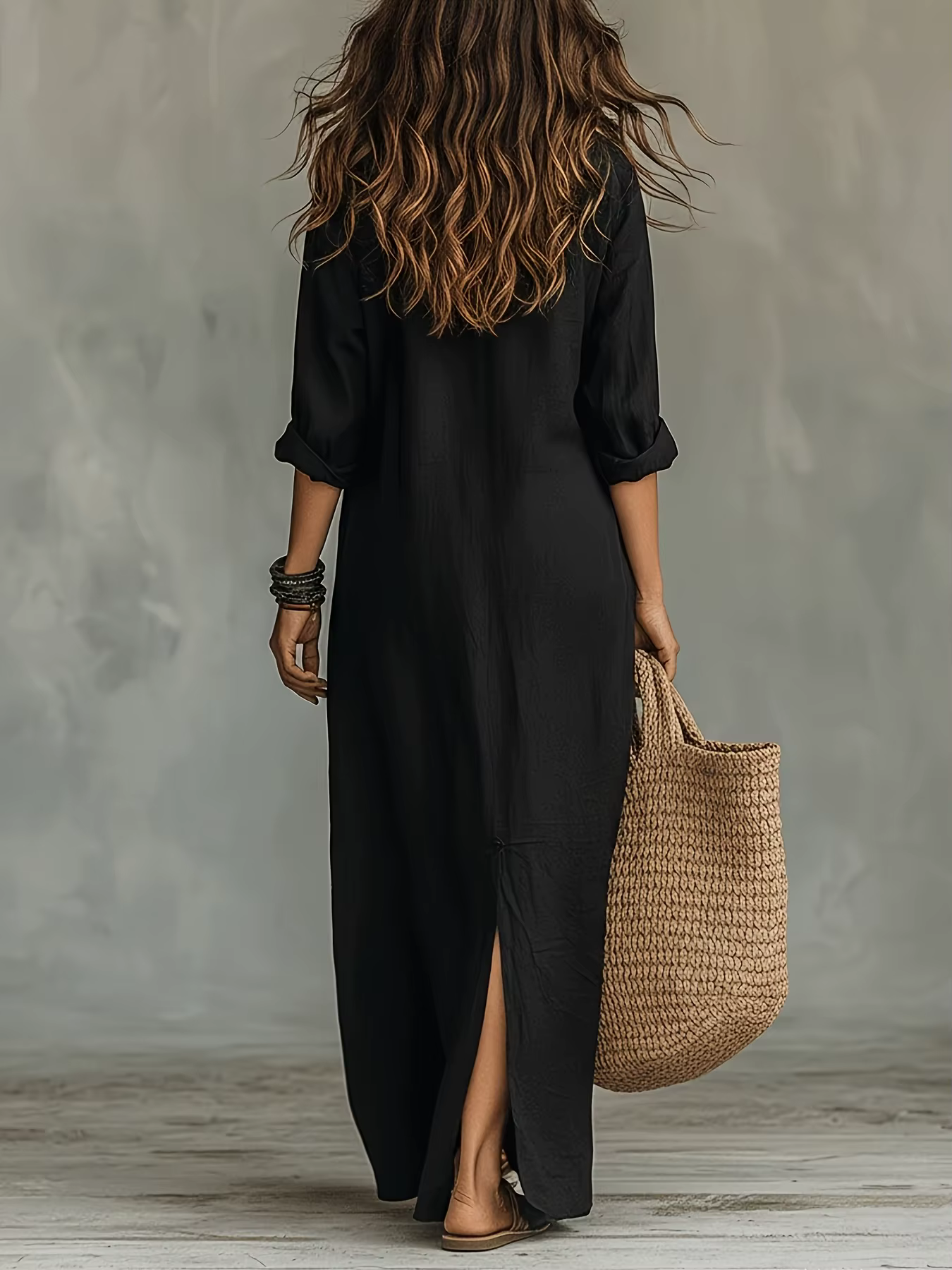 Robe longue en lin noir pour femme - Manches retroussables