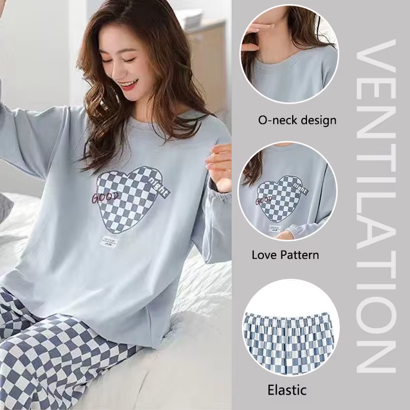 Pyjamas femmes à manches longues pantalons longs ensemble ample Plaid étudiant