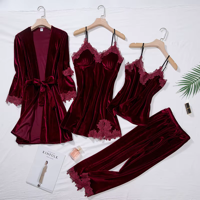 Ensemble de pyjama décontracté en velours 4 pièces pour femme