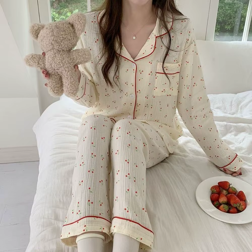 Mignon à volants cerise pyjamas femmes revers ample deux pièces vêtements de nuit chemise