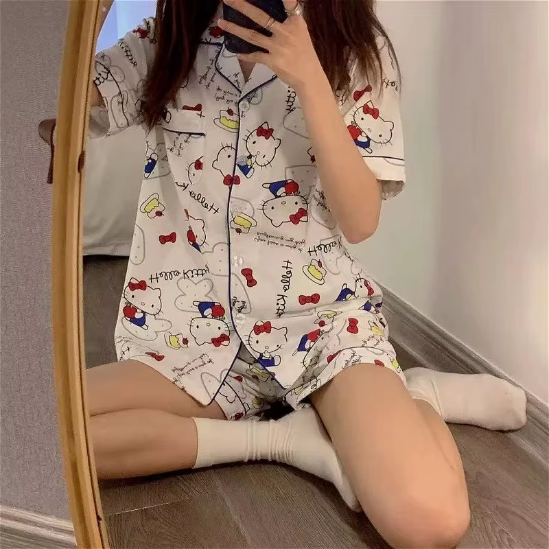 Hello Kitty filles mignon pyjamas ensembles chemise de nuit ample dessin animé doux à manches courtes hauts Shorts
