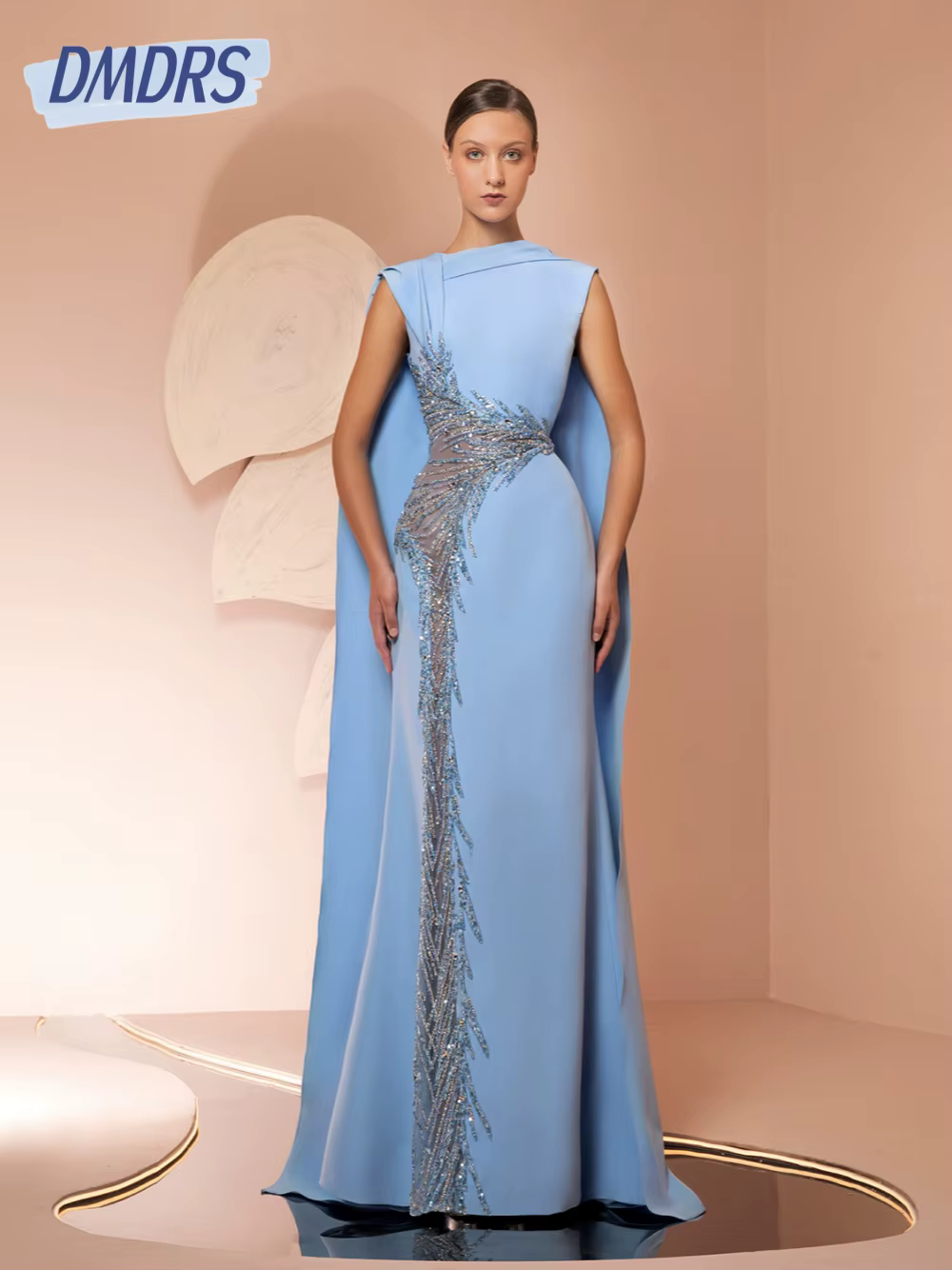 Robe de soirée en crêpe bleue avec broderie et longue écharpe découpée charmante droite perlée pailletée mère du cocktail personnalisée